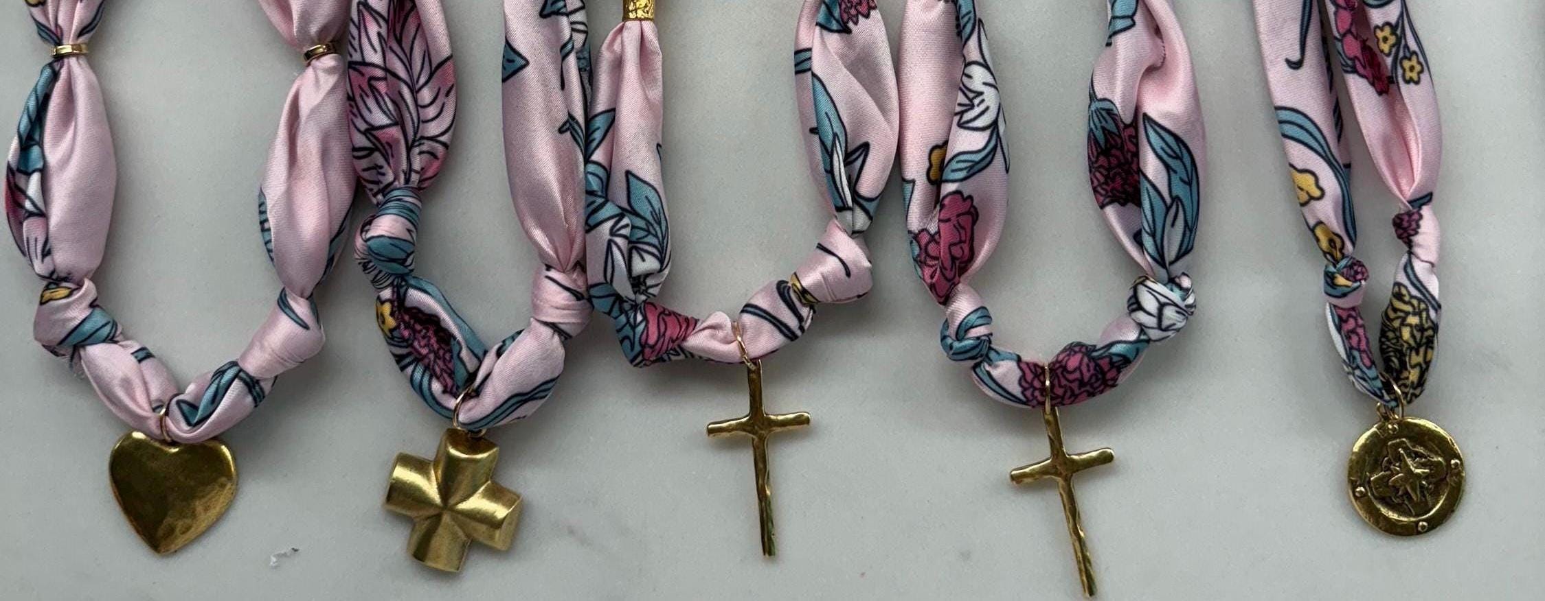 Scarf Necklaces with Charm “Pink Floral” Collection