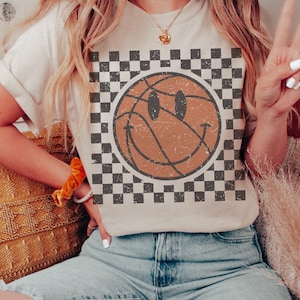 Retro basketball checkerboard basketball mom/ football shirt/ sports mom T-shirt/ football T-shirt/ Gildan Sand