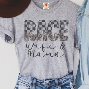 Race wife & mama on heather gray crew neck T-shirt/ 4th of July T-shirt/ Memorial Day T-shirt/ USA T-shirt/ patriotic T-shirt race shirt/