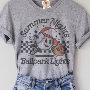 Summer nights baseball mom on heather gray crew neck T-shirt/ baseball/ sports/ summer/ grandma/ retro baseball softball tshirt