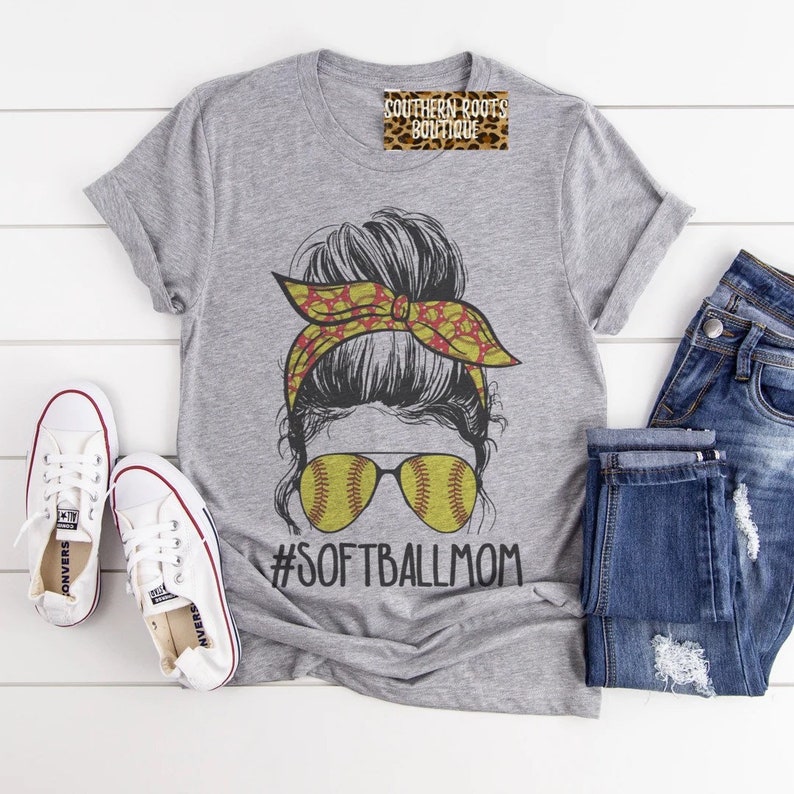 Softball mom on heather gray crew neck T-shirt