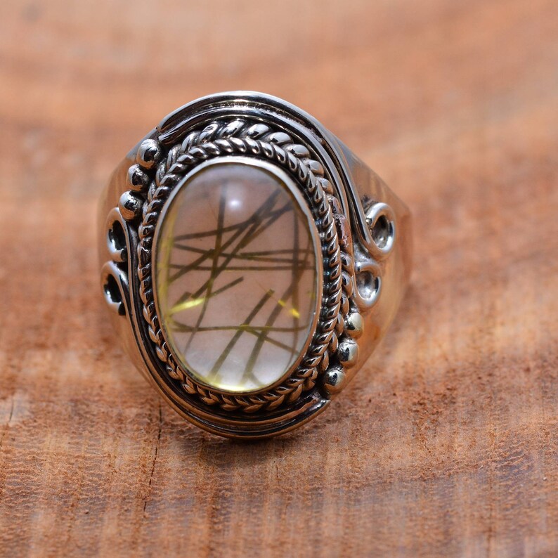 Mother/'s Day gift ring Women/'s ring Handmade ring Sterling silver ring Golden Rutile ring Engagement Ring Finger Ring Gift For Her