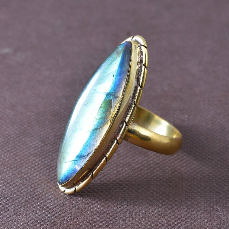 labradorite jewelry labradorite Gemstone Brass Labradorite ring Brass band ring labradorite cabochon Blue labradorite Brass ring