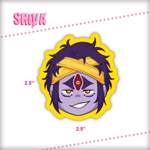 May include: A 2.5 inch sticker featuring a cartoon illustration of Shiva, a Hindu deity, with a yellow headband and a third eye. The sticker has a yellow background.