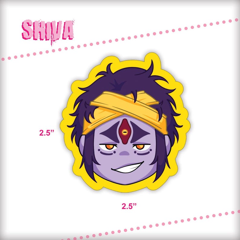 May include: A 2.5 inch sticker featuring a cartoon illustration of Shiva, a Hindu deity, with a yellow headband and a third eye. The sticker has a yellow background.