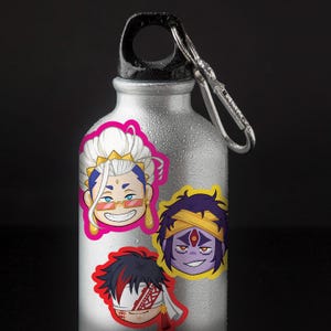 May include: A silver water bottle with three colorful cartoon character stickers. The characters have different hair colors, eye colors, and facial expressions. The stickers are on the front of the bottle.