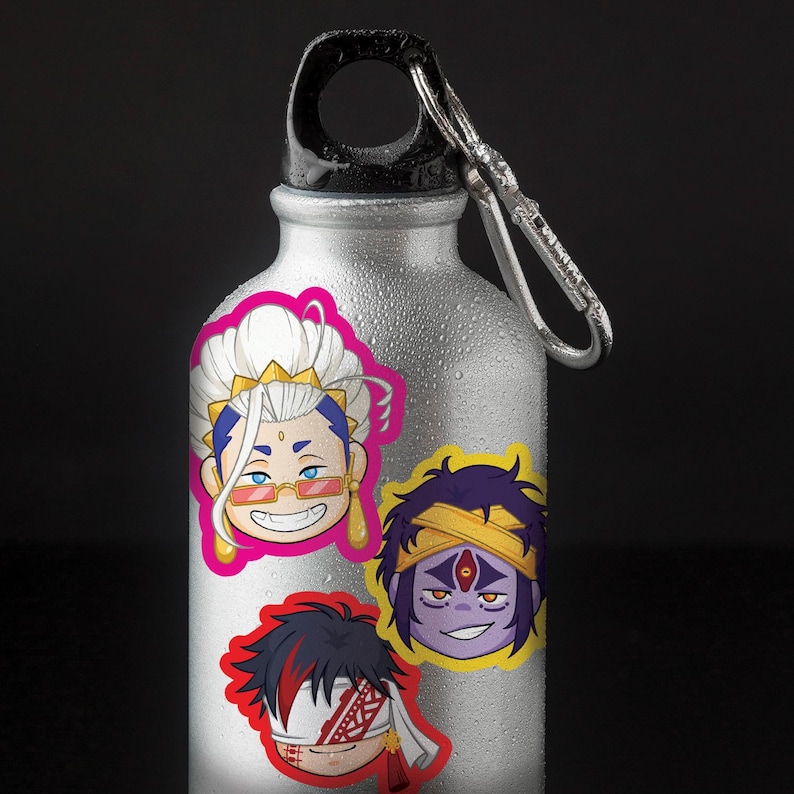 May include: A silver water bottle with three colorful cartoon character stickers. The characters have different hair colors, eye colors, and facial expressions. The stickers are on the front of the bottle.