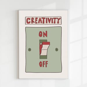 Puede incluir: Una impresión enmarcada con una ilustración caprichosa de un interruptor de luz. La palabra "CREATIVITY" está encima del interruptor, con "ON" y "OFF" a ambos lados. El interruptor está en la posición "ON", con un diseño rojo y blanco.