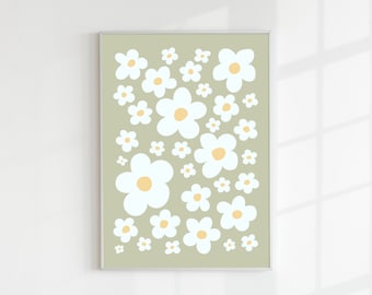 Sage Green Daisy Wall Art, Boho Floral Print (Digital Download)