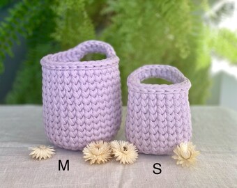 Hanging basket, crochet home decor, organizer with handle, Lilac, bottle holder,