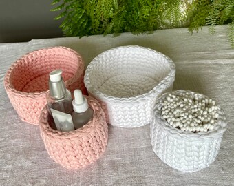 Crochet basket, round storage container, pink, white shower gift, home decor piece, small organizer