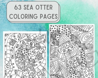 May include: Two black and white coloring pages featuring sea otters with intricate designs. The otters are holding onto sea turtles. The pages are titled "63 Sea Otter Coloring Pages".