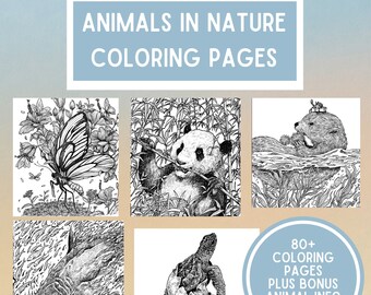 May include: Black and white coloring pages featuring animals in nature.  The pages include a butterfly, panda, sea otter, shark, and turtle.  The text on the image reads "Animals in Nature Coloring Pages" and "80+ Coloring Pages Plus Bonus Animal Info Pages".