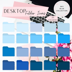 Może przedstawiać: Dwudzieścia niebieskich ikon folderów w różnych odcieniach niebieskiego, ułożonych w siatkę na białym tle. Tekst "DESKTOP Folder Icons" znajduje się w górnej części obrazu, a tekst "SKY BLUE COLLECTION" znajduje się w prawym górnym rogu.