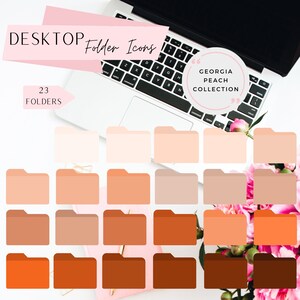 Puede incluir: 23 iconos de carpeta de color melocotón para la organización del escritorio. Los iconos están dispuestos en filas de tres, con cada fila presentando un tono de melocotón ligeramente diferente. Los iconos se muestran en una superficie blanca con un ordenador portátil en el fondo.