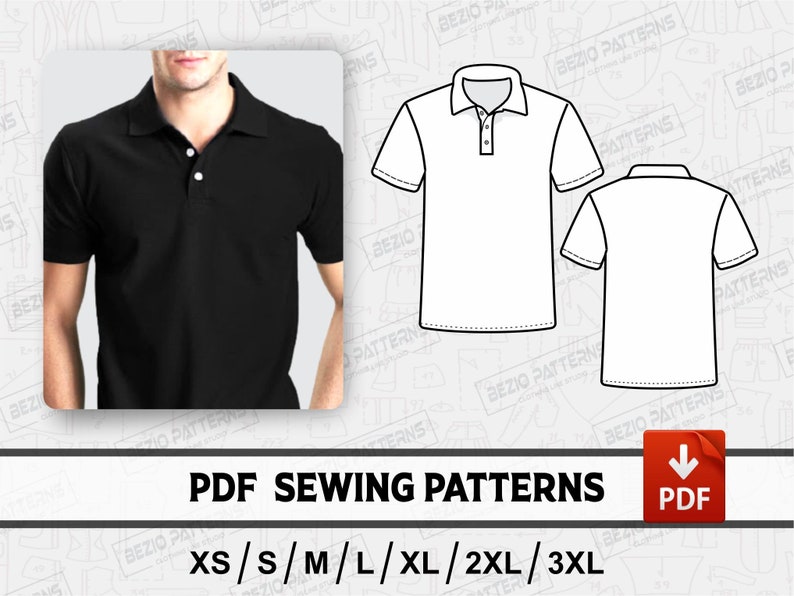 May include: PDF sewing patterns for a polo shirt in sizes XS, S, M, L, XL, 2XL, and 3XL. The image shows a black polo shirt on a model and a white line drawing of a polo shirt.