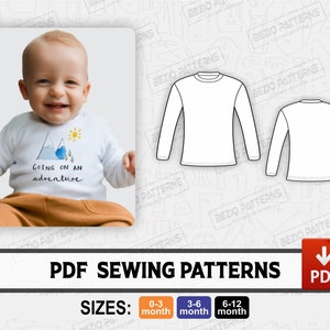 May include: PDF sewing pattern for a long-sleeve baby shirt with the text "Going on an adventure". The pattern includes sizes for 0-3 months, 3-6 months, and 6-12 months.
