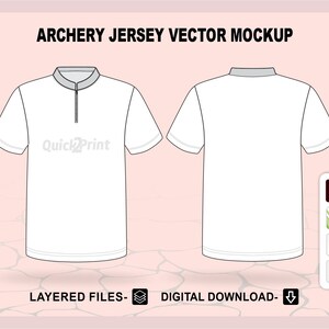 May include: A white archery jersey mockup with a zippered collar. The jersey is shown from the front and back. The text "Quick2Print" is on the front of the jersey. The image includes the file types available for download: AI, CDR, EPS, and PDF.
