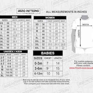 May include: A size chart for clothing with measurements in inches. The chart includes sizes for men, women, unisex/kids, and babies. The chart is divided into four sections, each with a different color background. The chart is printed on a white background.