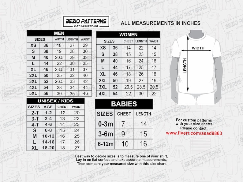 May include: A size chart for clothing with measurements in inches. The chart includes sizes for men, women, unisex/kids, and babies. The chart is divided into four sections, each with a different color background. The chart is printed on a white background.
