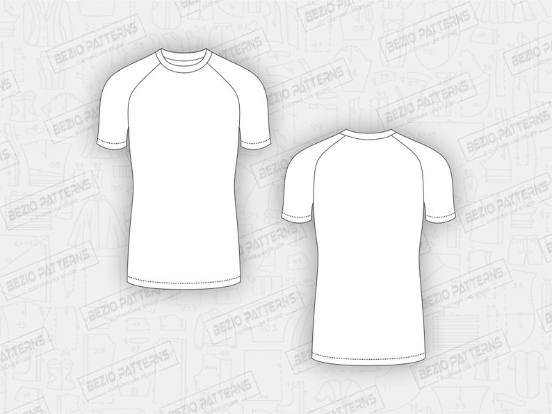 May include: Two white t-shirts with raglan sleeves. The t-shirts are shown from the front and back.