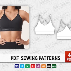 May include: A PDF sewing pattern for a sports bra with a criss-cross back design. The pattern is available in sizes XS to XXXXL. The image shows a model wearing a black sports bra.