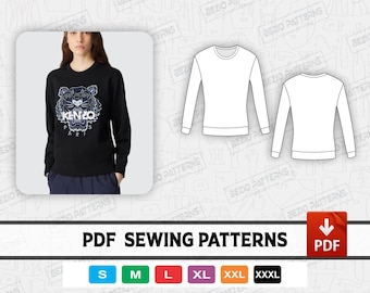 Patrón de costura para sudadera de mujer / plantillas, patrón de costura en PDF, patrón digital para sudadera de mujer, tallas S-3XL, descarga instantánea.