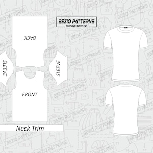 May include: A black and white line drawing of a t-shirt pattern with the words "BEZIO PATTERNS CLOTHING LINE STUDIO" at the top. The pattern includes the front, back, and sleeves of the shirt. The words "Neck Trim" are also included in the pattern.