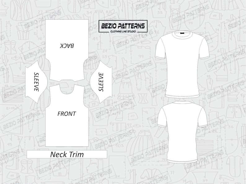 May include: A black and white line drawing of a t-shirt pattern with the words "BEZIO PATTERNS CLOTHING LINE STUDIO" at the top. The pattern includes the front, back, and sleeves of the shirt. The words "Neck Trim" are also included in the pattern.
