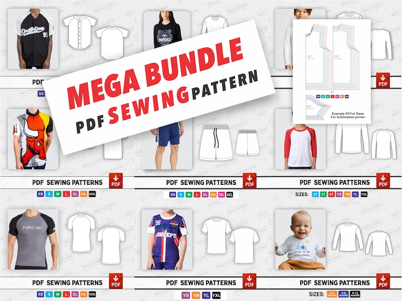 May include: A collection of PDF sewing patterns for various clothing items, including t-shirts, long-sleeve shirts, baseball jerseys, and shorts. The patterns are available in a variety of sizes, from XS to XXL. The image includes the text "MEGA BUNDLE PDF SEWING PATTERN".