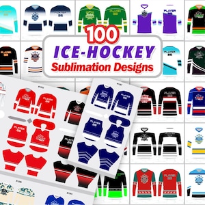 Op de afbeelding: Een verzameling van 100 ijshockey sublimatie ontwerpen. De ontwerpen tonen verschillende jersey stijlen in kleuren als rood, zwart, blauw, groen en wit. De tekst "ICE-HOCKEY Sublimation Designs" wordt weergegeven in een witte afgeronde rechthoek.