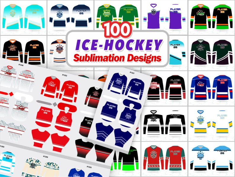 May include: A selection of 100 ice hockey sublimation designs. The designs showcase diverse jersey styles in colours such as red, black, blue, green, and white. The text "ICE-HOCKEY Sublimation Designs" is displayed in a white rounded rectangle.
