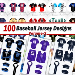 May include: A selection of baseball jersey designs in a range of colours, such as pink, red, blue, and black. The jerseys display numbers and the word "PLAYER". The image is titled "100 Baseball Jersey Designs Volume 2."