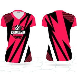 May include: A vibrant pink and black volleyball championship jersey. The front features a V-neck design with the text "VOLLEYBALL CHAMPIONSHIP" and a volleyball graphic. The back of the jersey is predominantly pink with black angular accents.