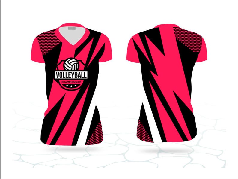May include: A vibrant pink and black volleyball championship jersey. The front features a V-neck design with the text "VOLLEYBALL CHAMPIONSHIP" and a volleyball graphic. The back of the jersey is predominantly pink with black angular accents.