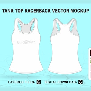 May include: A white tank top with a racerback design. The tank top is shown from the front and back. The text "Quick2Print" is printed on the front of the tank top.