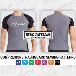 May include: A gray compression rashguard sewing pattern with black sleeves. The pattern is available in sizes XS, S, M, L, XL, XXL, and XXXL.