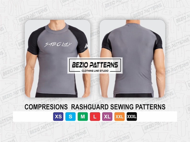 May include: A gray compression rashguard sewing pattern with black sleeves. The pattern is available in sizes XS, S, M, L, XL, XXL, and XXXL.