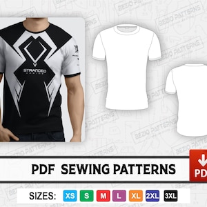 Peut inclure: Patron de couture PDF pour un t-shirt en tailles XS, S, M, L, XL, 2XL et 3XL. L'image montre un t-shirt noir et blanc avec un motif géométrique et le texte "Stranded Racing".