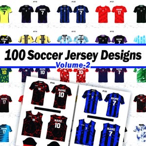 以下が含まれることがあります： 様々な色と模様が特徴の、100種類のサッカーユニフォームデザイン、Volume 2。各ユニフォームには番号と「NAME」の文字がプリントされています。ユニフォームは白い背景に表示されています。
