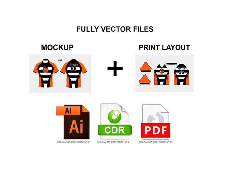 May include: Image showcasing a mockup and print layout of a jersey design. The jersey is orange, black, and white, with the number 96 on the back. The image also includes file type icons for AI, CDR, and PDF, with the text "FULLY VECTOR FILES".