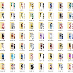 以下が含まれることがあります： 「RUGBY-」と番号が振られたデジタルフォルダのコレクション。各フォルダには、赤、青、黄色など、様々な色とパターンでデザインされたラグビーユニフォームのデザインが表示されています。