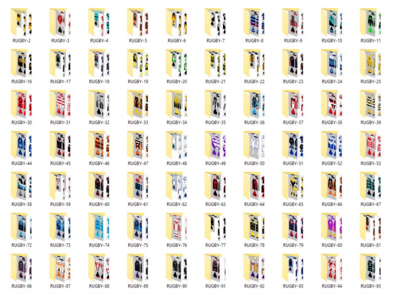 以下が含まれることがあります： 「RUGBY-」と番号が振られたデジタルフォルダのコレクション。各フォルダには、赤、青、黄色など、様々な色とパターンでデザインされたラグビーユニフォームのデザインが表示されています。