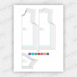 May include: A printable sewing pattern for a sleeveless top with a scoop neck. The pattern includes sizes XS to XXXL. The pattern is printed on white paper with black lines.