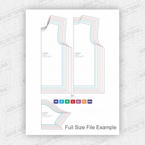 May include: A digital sewing pattern for a sleeveless top, with size options from XS to XXXL. The pattern is shown in a full-size file example, with lines indicating different sizes.