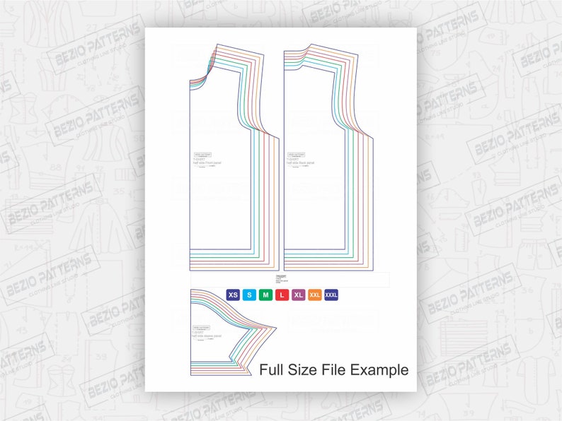 May include: A digital sewing pattern for a sleeveless top, with size options from XS to XXXL. The pattern is shown in a full-size file example, with lines indicating different sizes.