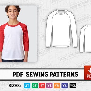 May include: A white and red raglan baseball shirt is shown on a young person. The image also includes line drawings of the shirt and the text "PDF SEWING PATTERNS" with size options.