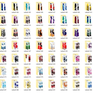 May include: A collection of folders labeled "netball" followed by a number. Each folder contains a design, with variations in color and pattern. The designs appear to be for athletic wear, possibly netball uniforms.