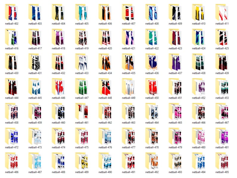 May include: A collection of folders labeled "netball" followed by a number. Each folder contains a design, with variations in color and pattern. The designs appear to be for athletic wear, possibly netball uniforms.