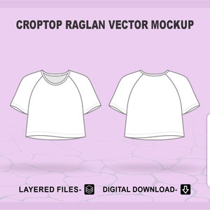 May include: A white crop top with raglan sleeves. The top is a vector mockup and is available for digital download in AI, CDR, EPS, and PDF formats.
